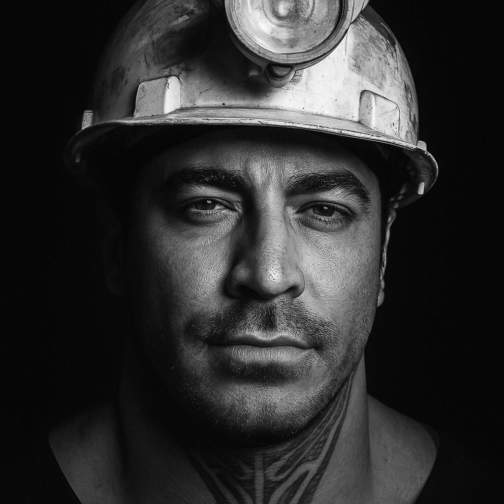 Black and white portrait of a miner with a helmet light.
