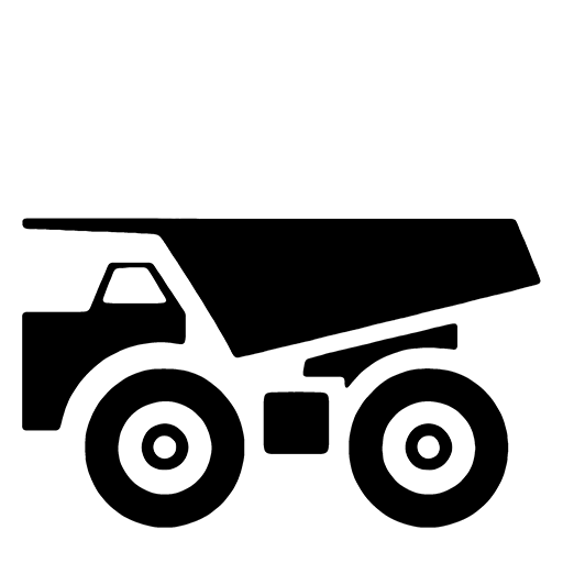 Black and white dump truck icon with large wheels.